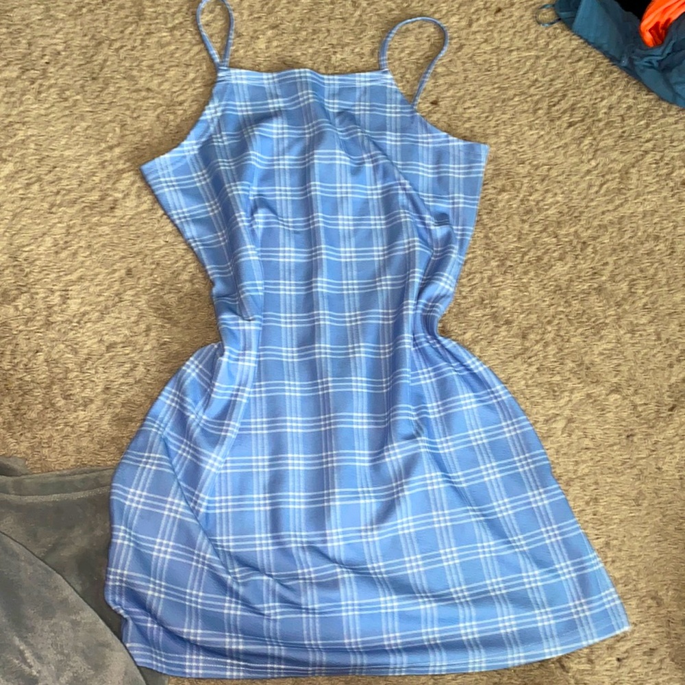 Baby blue plaid summer mini dress